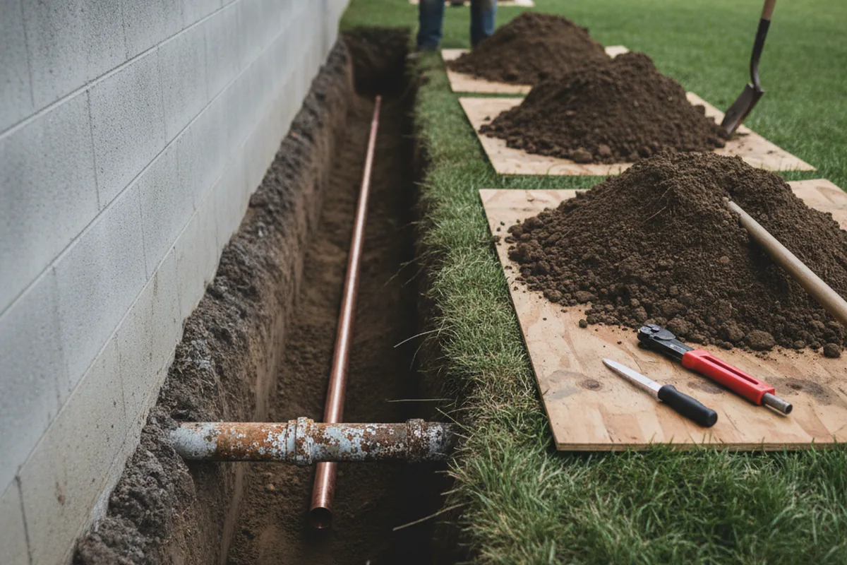Excavated water line trench during Water Softener Installation in Toddville